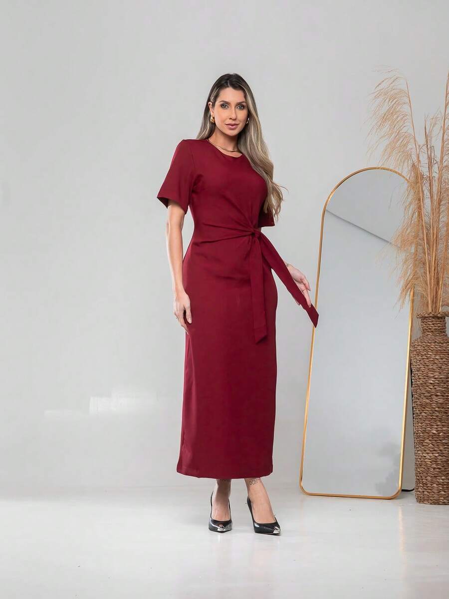 vestido longo de manga curto Com cinto Formal e Noturno V775 - Vinho - Visão 1