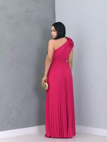 Women's Long Pleated Party Dress, Ruffled Off-The-Shoulder, Wedding, Graduation - Màu Hồng Tươi - Xem 2
