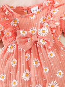 2 件套可爱女婴夏季心形双面蝴蝶结连体衣 + 头带套装 - 珊瑚粉 - 查看 4