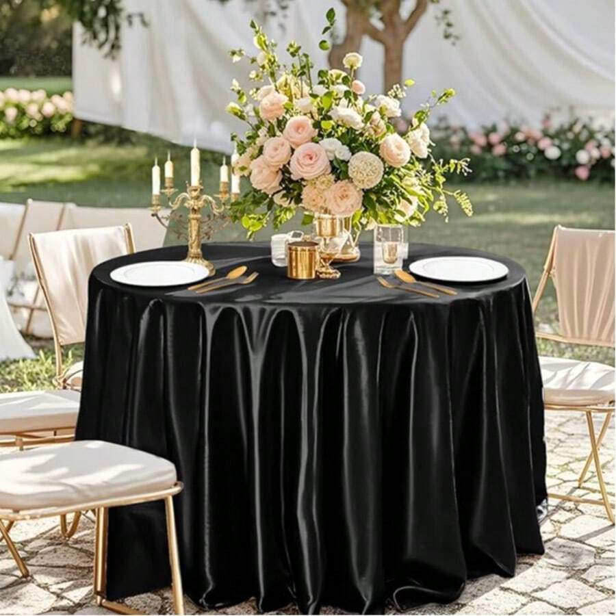 1pc Satin Round Solid Color Tablecloth, Suitable For Wedding Party Dining Banquet - Black - View 1