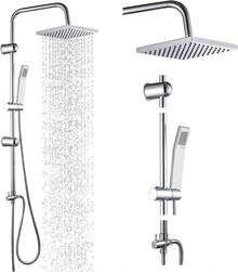 LMstarz Square Chrome Overhead Rain Shower Kit Dual Rigid Riser Rainfall Head And Hand Held Shower Twin Bath Set For Bathroom, Stainless Steel, With Fittings - Silver - View 1