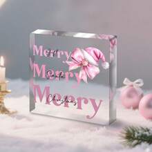 1pc Christmas Desk Decoration Sign, 4X4 Inches, Santa Claus Square Acrylic Ornament, Christmas Quote Design, Pink Christmas Decor, For Living Room Decoration