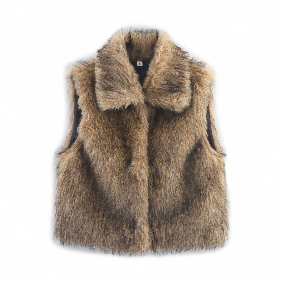 Gilet smanicato da donna invernale alla moda, con collo a bavero, in finta pelliccia, vintage, caldo e slim - Castano - Visualizzare 1