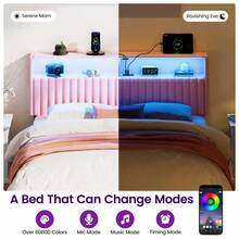 Headboard With Charging Station And Smart RGB LED Light, Full Bed Upholstered Head Board With Storage Shelves, Sturdy And Solid Headboards For Bedroom, Guest Room And Dorm - US A Type Plug(110-127V) - View 5