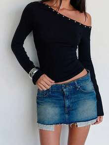 Women's Off One Shoulder Tops Fashionable Solid Color Long Sleeve Slim Fit Shirts - 黑色 - 查看 1