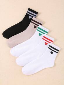 1/5 pares de calcetines de media pantorrilla con diseño a rayas en forma de corazón para mujeres, diseño de bloques de color blanco y verde, cálidos, transpirables, que absorben la humedad, suaves y cómodos, casuales y versátiles, regalo ideal para el Día de San Valentín, adecuados para senderismo, viajes al aire libre, camping, fiestas en otoño/invierno, también excelentes para parejas, regalos de Halloween y Navidad. - Multicolor - Ver 3