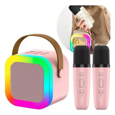Máquina de karaoke para niños con 2 micrófonos inalámbricos, máquina de karaoke mini para niños y adultos, luces LED de colores, regalos ideales para niños y niñas, altavoz inalámbrico portátil para exteriores, juguetes y regalos de cumpleaños para niños y niñas de 3 a 12 años