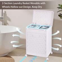 VECELO White Laundry Hamper With Wheels & Lid - 2-Section Rolling Storage Basket, Lockable Casters For Home Closet Organizer, 19x14x19 Inch - Trắng có ngăn - Xem 2