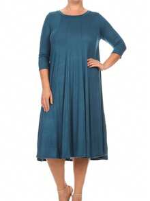 Plus Size Casual 3/4 Sleeves Basic A-Line Pleated Solid Midi Dress  Wedding - Teal - View 1