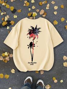 Teen Boy Loose Plus Size Casual Simple Street Vacation Coconut Tree Graphic Printing Crew Neck Short Sleeve Pullover T-Shirt Spring And Summer New Styles,Loose Oversized Size
