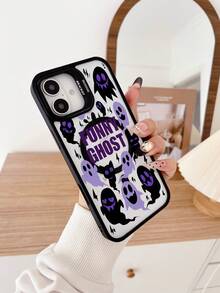 1 Piece Halloween Pattern Metal Stand Phone Case With Black And Purple Ghost Pattern, Compatible With Magnetic Charging, Built-In Lens Protector And Adjustable Stand, Suitable For IPhone 16 Pro Max Phone Case/16E/15/14/13/12/11/Pro/Pro Max/Plus Phone Case - Black FS8222 - View 2