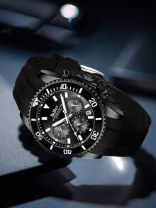 1 Đồng hồ nam BIDEN có vành lặn, chức năng bấm giờ, chống nước, thiết kế phát sáng, dây cao su, lịch ngày dạng kim thể thao thanh lịch - màu đen - Xem 2