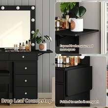 FUSOU Vanity Desk With Mirror & 12 LED Lights, Makeup Table With Power Outlet, 9 Drawers, Glass Top & Fold-Up Panel, White Dressing Table For Bedroom - Black - View 6