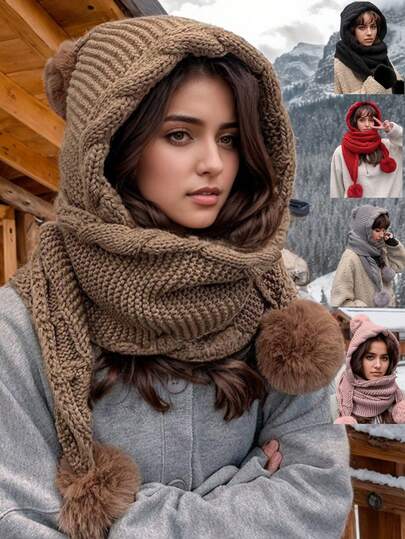 1 Set Of 3 Pom Pom Accessories, Women's Autumn/Winter Versatile Knitted Hat With Scarf, Cute Pom Pom Ear Warmer, Thick & Warm Knit Hat Autumn Outfits Valentines Gift