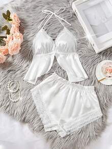 情人节礼物蕾丝缎面性感内衣套装 - 吊带开衩文胸和弹力短裤 - 女士贴身睡衣