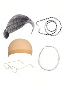 5Pcs Women's Wig COS GRANDMA Short Curly Hair GRANDPA Middle-Aged And Elderly Sketch Dressing Set, Grandmother Role-Playing Set, Interesting Elderly Woman Dressing Set Wearing Wig Hat, Pearl Necklace, Glasses Chain, Realistic Grandmother Costume Wig, Elderly Woman Costume Set Halloween Costume Party Elderly Woman Wig, Stage Performance Costume, Party Decoration Photography Props, Perfect For Giving To Family And Friends