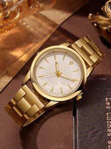 2pcs/Set Fashion Business Couple Watches, Round Dial, Steel Strap Quartz Watch, Couple Gift Set, Suitable For Holidays And Daily Wear - Gold - View 6