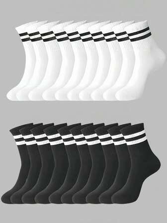 3/5/10/15/20 Pairs Striped Crew Socks, Ankle Socks, Comfortable Breathable Unisex Long Socks, White Socks, Suitable For Daily Wear And Sports, Fall