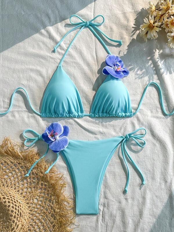 Baby Blue 3d Flower Decorated Side Tie Bikini Set Sexy Solid Color Summer Beach