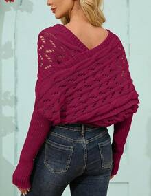 Knitted Wrap, Scarf Women, Hollow Out Crochet Shrugs, 2024 Knit Sweater Scarf With Sleeves - 玫紅色 - 查看 6