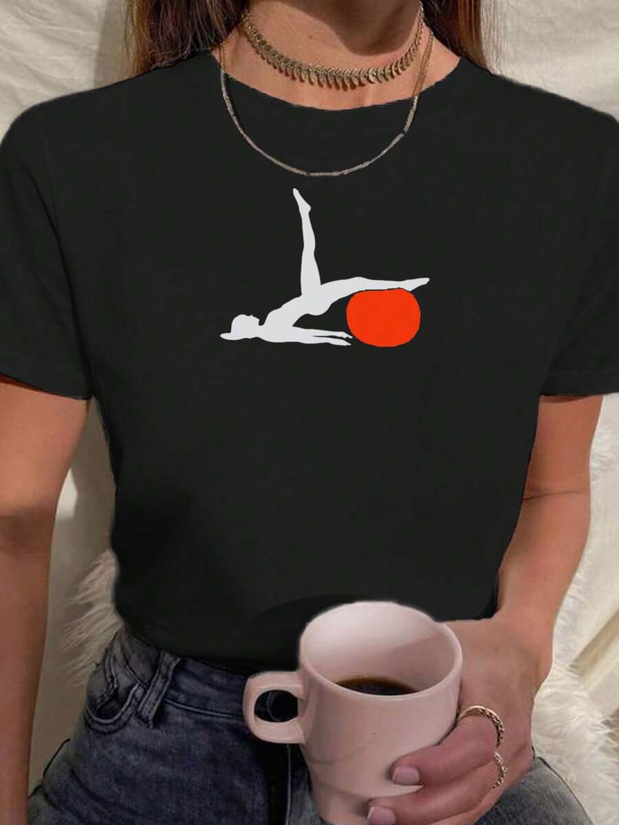 BABYLOOK Camiseta Feminina t shirt PILATES BOLA 100% Algodão - Preto - Visão 1