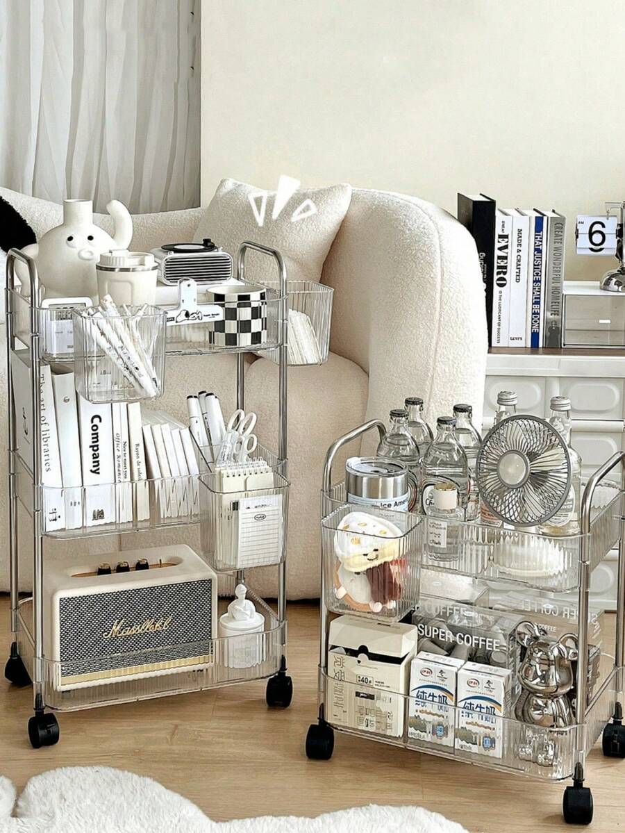 Transparent Acrylic Multi-Functional Push Cart (Basket Not Included), Multi-Tier Mobile Storage Organizer Rack, Suitable For Kitchen, Living Room, Bathroom And Bedroom, Can Hold Cosmetics/Books And Snacks - Transparent - View 1