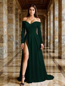 Vestido Largo Escote Corazón Asimétrico Abertura Alta Ajustado Manga Larga Corte Imperio Drapeado Espalda Descubierta Casual y Elegante Moda Mujer - Verde Botella - Ver 2