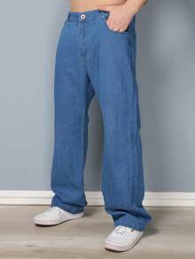 Men's Basic Wide Leg Jeans - 深色水洗藍 (11) - 查看 2