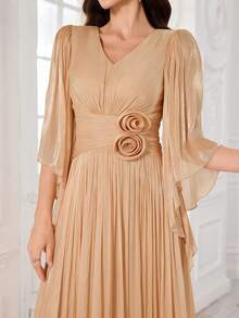 UNITHORSE UNITHORSE Women's V-Neck Half Sleeve Hand-Made Three-Dimensional Flowers Embellished Slim-Fitting Maxi Evening Dress