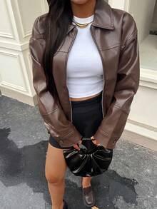 DEEKA Women's Fashion Minimalist Turndown Collar Long Sleeve Faux Leather Bomber Jacket, Autumn/Winter