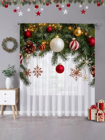 1pc Christmas Decorative Sheer Curtain, Christmas Balloon Snowflake Christmas Tree Christmas Ball Christmas Print Curtain Sheer, Rod Pocket Printed Curtain Window Decor For Bedroom, Office, Kitchen, Living Room, Home Decor, Christmas Holiday, Translucent Red Christmas Ball Print