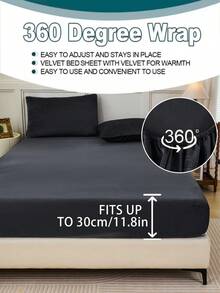 1pc Black Velvet Fitted Sheet Warm Soft Solid Fuzzy Fitted Sheet King Queen Full Twin Size, Luxury Super Soft Cozy Comfy Bottom Sheet With 11.8" Deep Pocket,Suitable For Fall Winter And Spring, No Pillowcases Autumn And Winter Warm Mattress Protection, Deep Pocket, Bed Sheet - Black - View 2