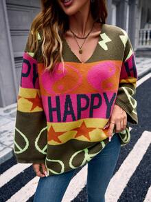 Women's Plus Casual Comfortable Romantic Retro Modern Commute Office Teacher Letter Knit Pullover Sweater, Suitable For Daily, Vacation, Airport, Country Music Festival, Back To School Party, Singles Party, Evening Date, Travel, College, Office Date, Sports & Fitness, Home, Spring, Autumn, Winter