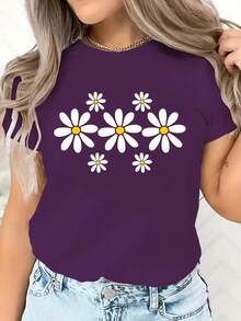 Valentine's Day European And American Spring Summer Women's Clothing Small Daisy Print Casual T-Shirt Loose And Comfortable Summer Tops White Top - 焦糖色 - 查看 10