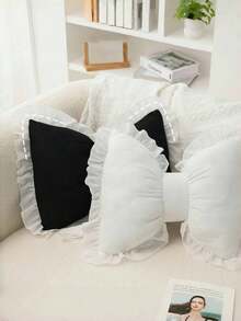 1 pernă decorativă în formă de fundă, pernă cu fundă din dantelă roz, pernă de canapea cu design drăguț și fundă, potrivită pentru decorarea zilnică, Halloween, Crăciun