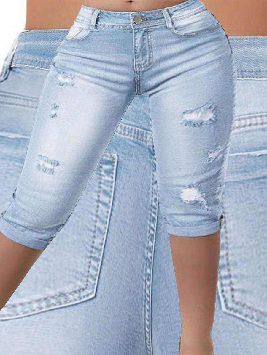 Plus Size Distressed Cuffed 3/4 Length Casual Jeans Summer - Blue - View 1