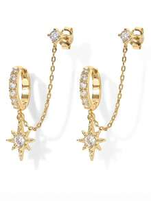 Luxury Cubic Zirconia Star Gold Dangle Earrings Stackable Piercing Hoop Stud Earring For Women Girls Party Wedding Sweet Jewelry Gift