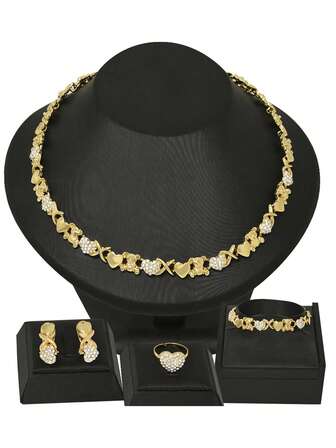 Conjunto de 5 piezas de joyería de moda para mujeres, collar, pulsera, aretes y anillo chapados en oro de 18 quilates, conjunto de regalo con forma de corazón para novia, boda y San Valentín