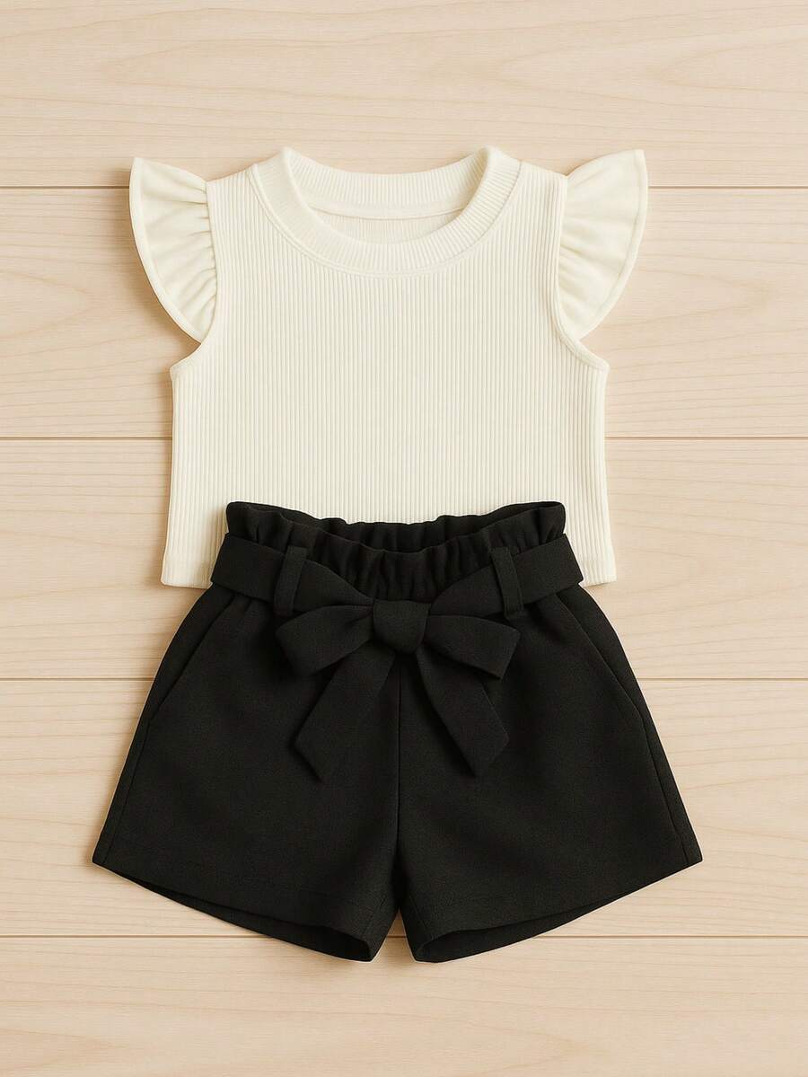 Children's Set Cropped Frufru Blouse + Linen Clochard Shorts Kit With 2 Super Stylish Pieces CJI033 - Hitam dan Mati - View 1