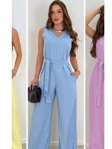 Women's Jumpsuit Roman Pantaloons Tie-Up Elegant Chic Simple Pocket Knot With Belt - Màu xanh nhạt - Xem 2