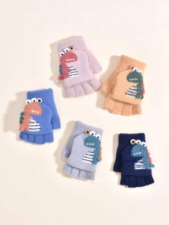 1 双儿童冬季手套，可爱恐龙图案加厚保暖手套，适合户外穿着和防寒