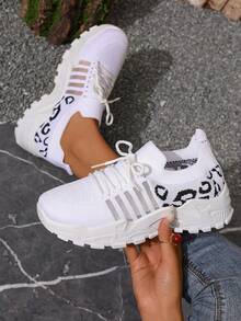 Women's Casual Athletic Sneakers - Breathable Mesh Leopard Print, Lightweight Lace-Up Running Shoes With Comfortable Platform Sole, Stylish Low-Top Design, Casual Sneakers | Laceup Sneakers | Comfortable Sole