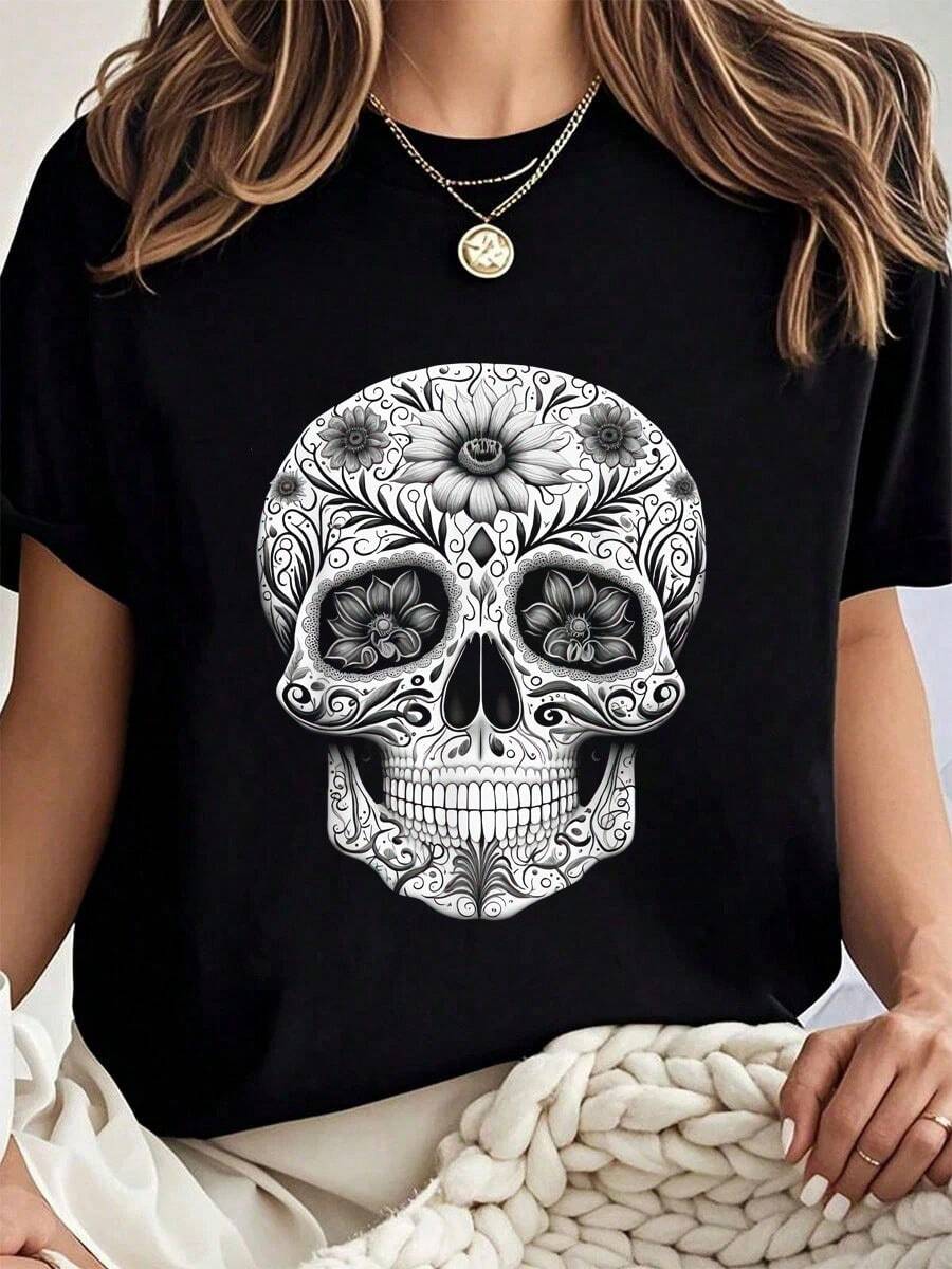 Camiseta de arte de calavera mexicana 100% algodón Dia De Los Muertos-hq-scale-2_00x camiseta gráfica para mujeres - Negro - Ver 1