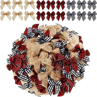 60pcs/30pcs/10pcs Mixed Burlap Bows, Buffalo Plaid Bows, Black & White Checkered Bows, Red & Black Plaid Bows, Farmhouse Home Decor, Christmas Tree DIY Crafts, Home Decoration, Room Decor, Wall Decor For Birthday, Thanksgiving, New Year, Valentine's Day, Baby Shower, Wedding Party, Christmas Decoration, Gift Wrapping
