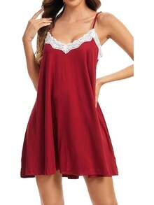 Nightgowns Women Lace Sleepwear Short Night Gowns Sleeveless Chemise Nighty - 櫻桃紅 - 查看 3