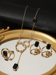 4 件套经典几何简约项链 + 耳环 + 戒指首饰套装，镀层，适合派对、节日礼物 - 彩色 - 查看 7