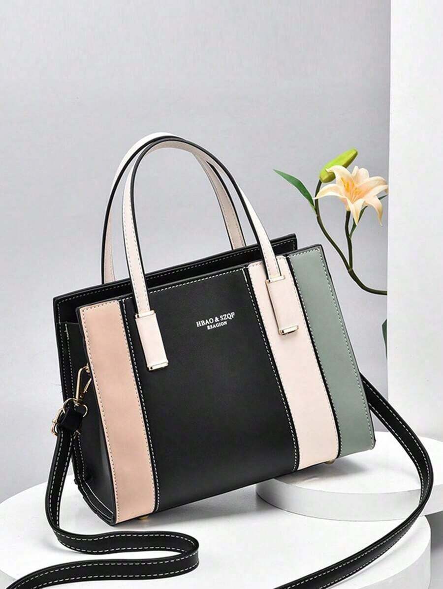 Fashionable Colorblock Tote Bag, Large Capacity Dual Handle, Minimalist Style, Suitable For Daily Life And Work, Handheld Shoulder Crossbody Bag, Best Mother Day Gifts Ever - Be - Xem 1