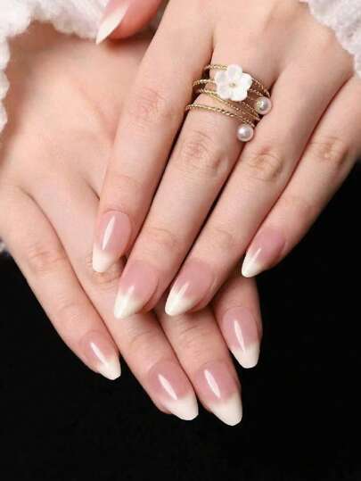 24 片杏仁形渐变法式美甲贴纸，含 1 片果冻胶，适合女士和女孩日常佩戴