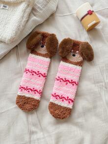 1/2/3 双秋冬季女士袜子，可爱卡通袜子，刺绣狗图案中筒袜，趣味袜子，毛绒袜子，条纹睡眠袜，秋季 - 彩色 - 查看 25