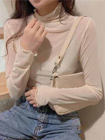1pc Women's Mesh Layering Long Sleeve Turtleneck Lightweight Undershirt, Solid Color Ruffle Hem Long Sleeve T-Shirt, Spring/Autumn/Winter